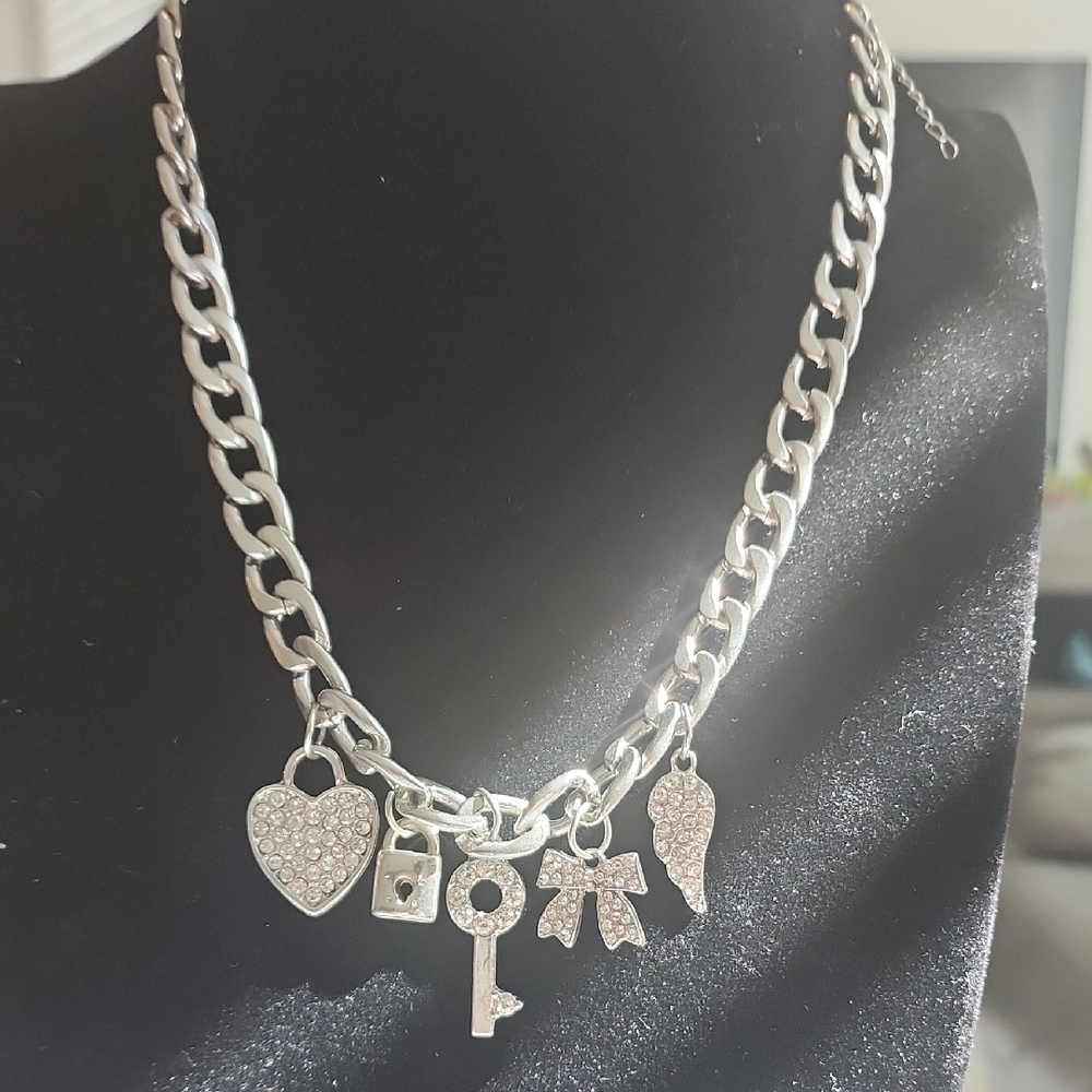 Silver Charm Necklace with Heart and Key